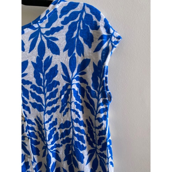 Rachel Zoe Blue White Linen Leaf Print Top Short Sleeve Blouse Women's M - Picture 9 of 9